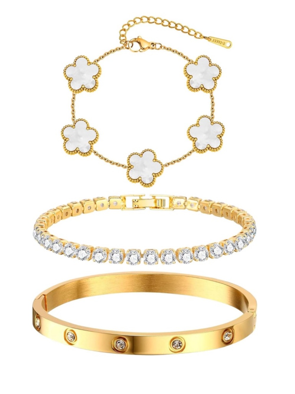 Gold-Tone 3-Piece Women’s Bracelet Set White Clover Flower & Crystal Accents
